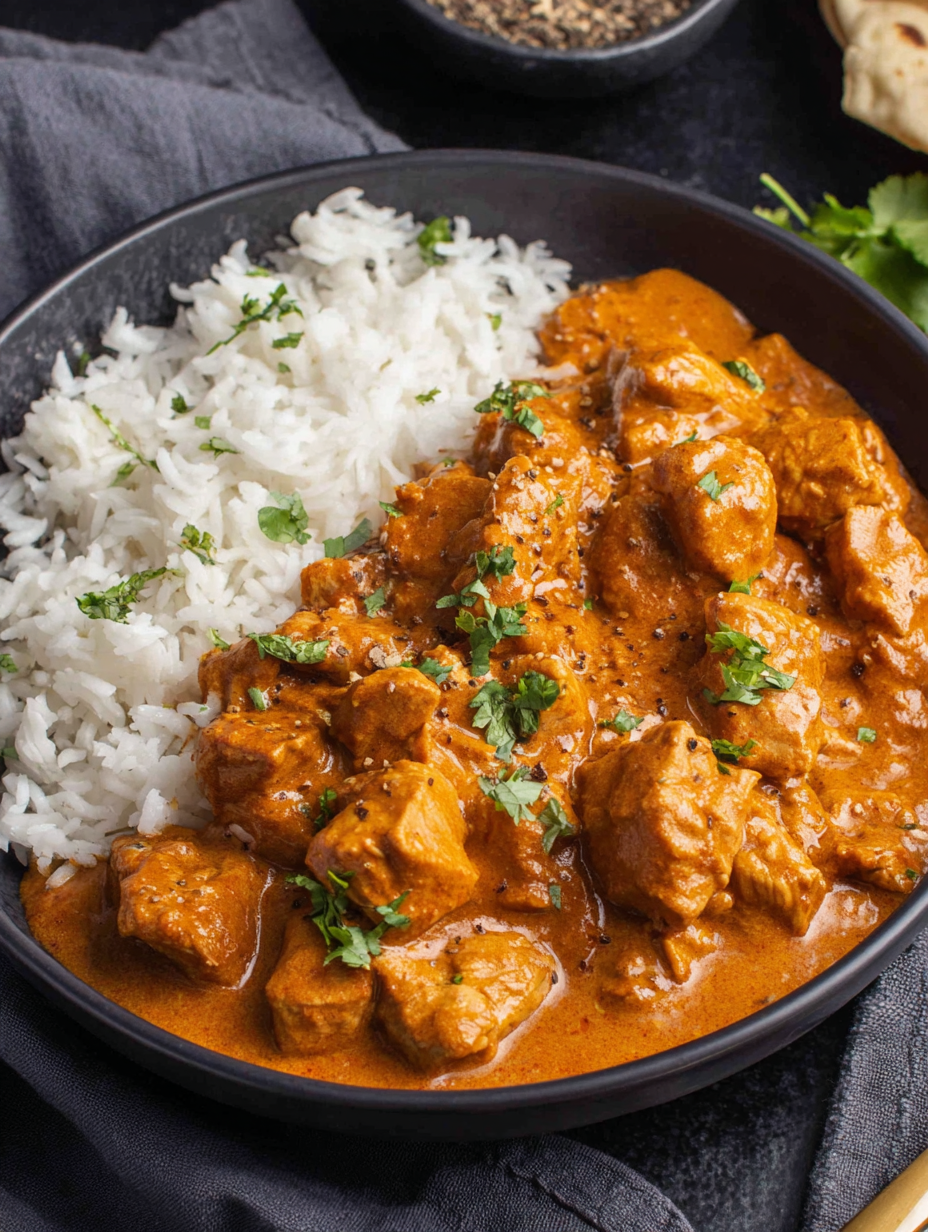 A plate of Easy Chicken Rogan Josh served with rice and naan