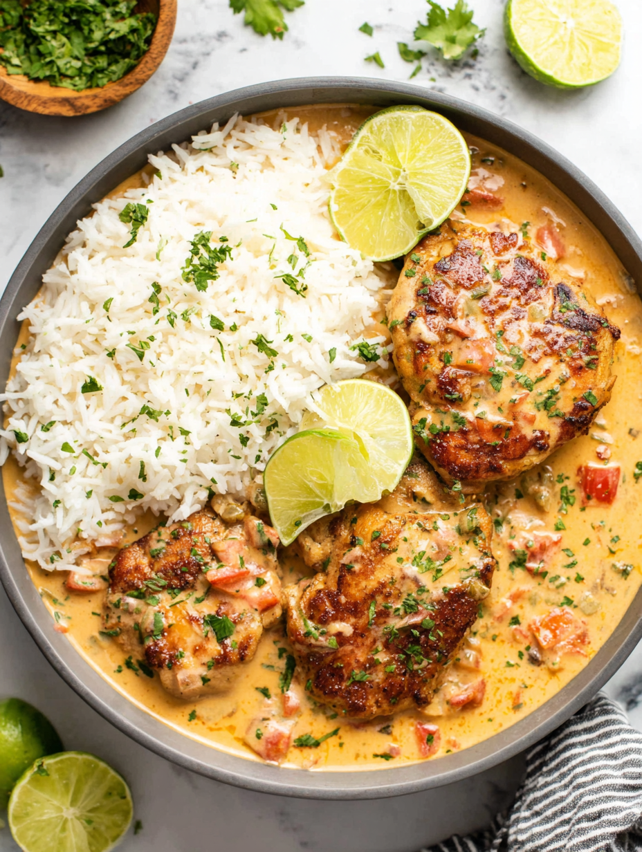 Skillet Cajun Chicken plated with rice and cilantro