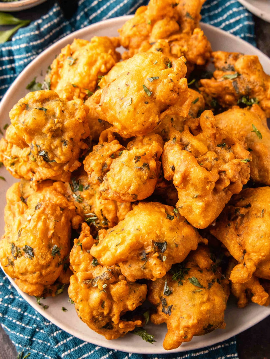 Crispy chicken pakoras frying in a wok