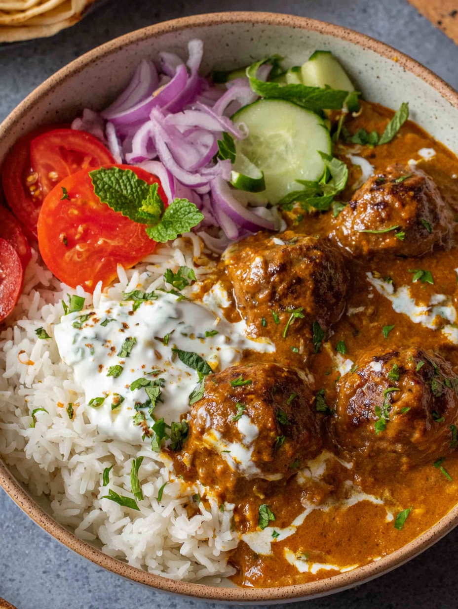 Bowl of lamb kofta curry with mint yoghurt