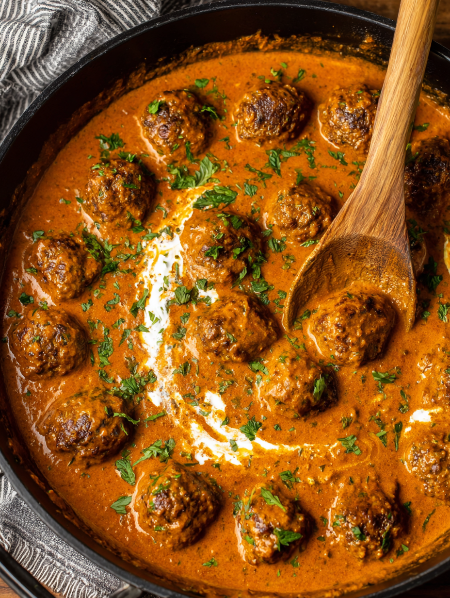 Close up of kofta simmering in spiced sauce