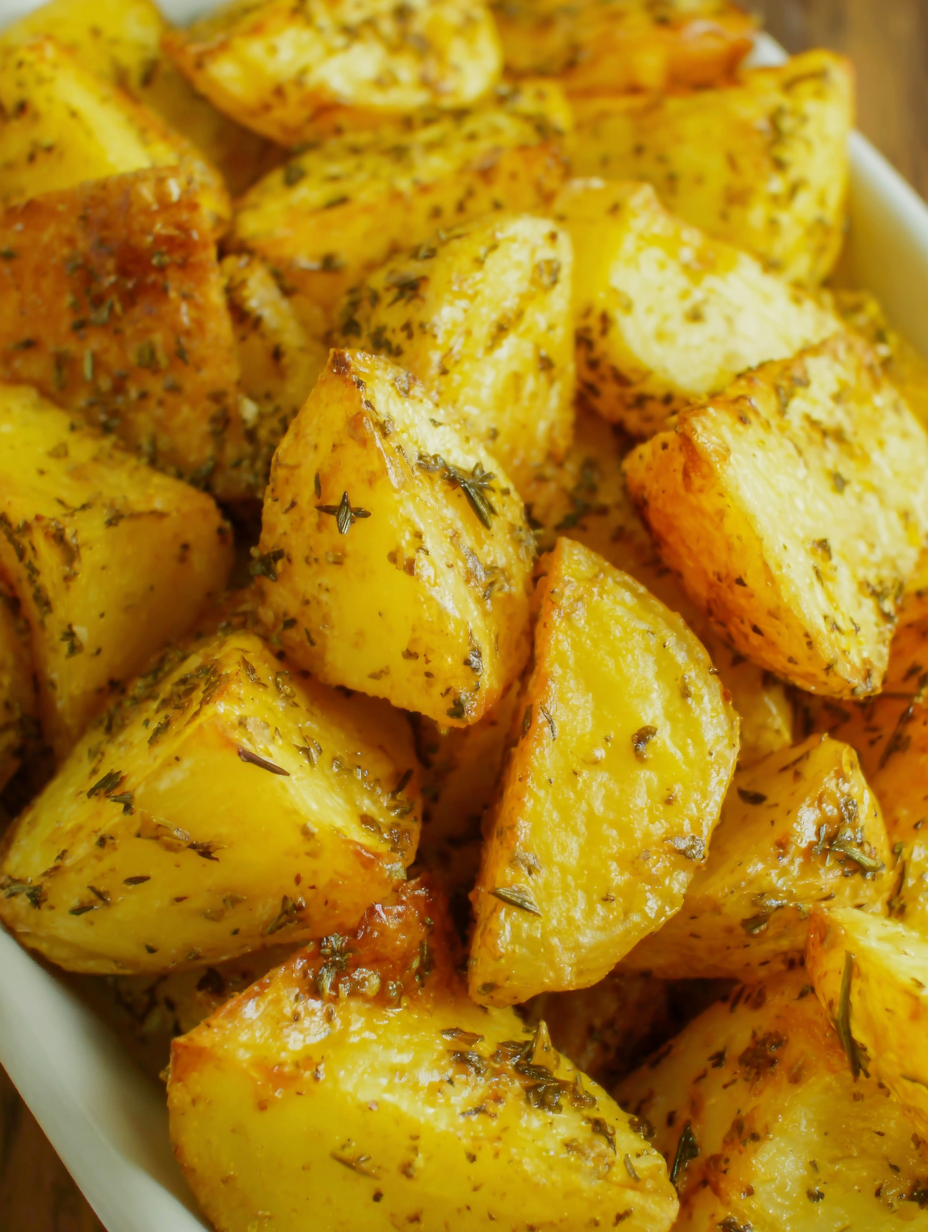 Close-up of roasted lemony potatoes
