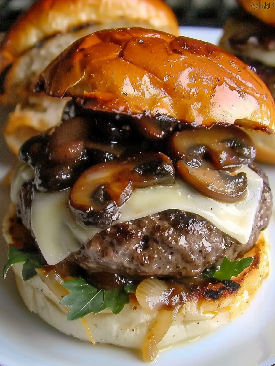 Closeup Juicy Mushroom Swiss Burger with melted Swiss and sautéed mushrooms