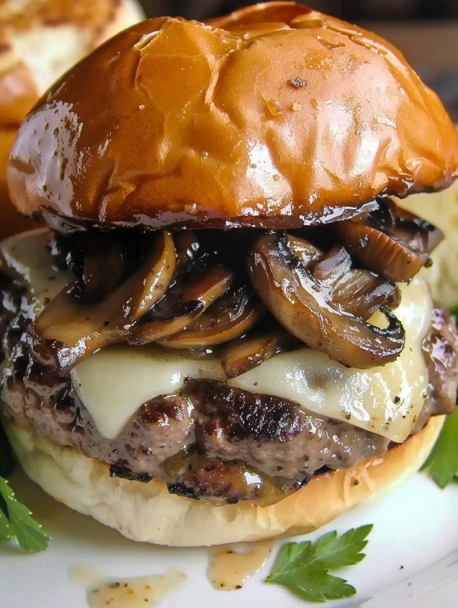 Sautéed mushrooms in skillet ready for topping burgers