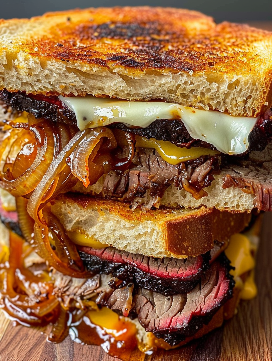 Finished BBQ brisket melt sliced with cheese pull