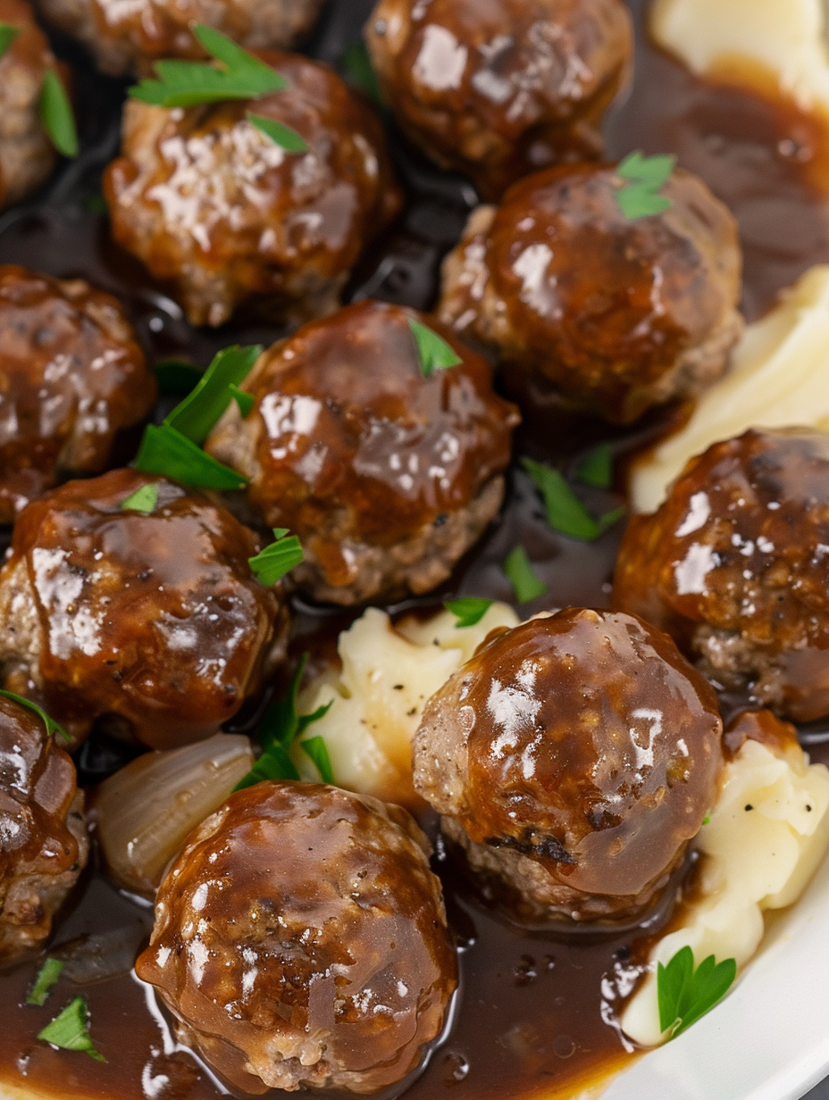 Plated meatballs over mashed potatoes