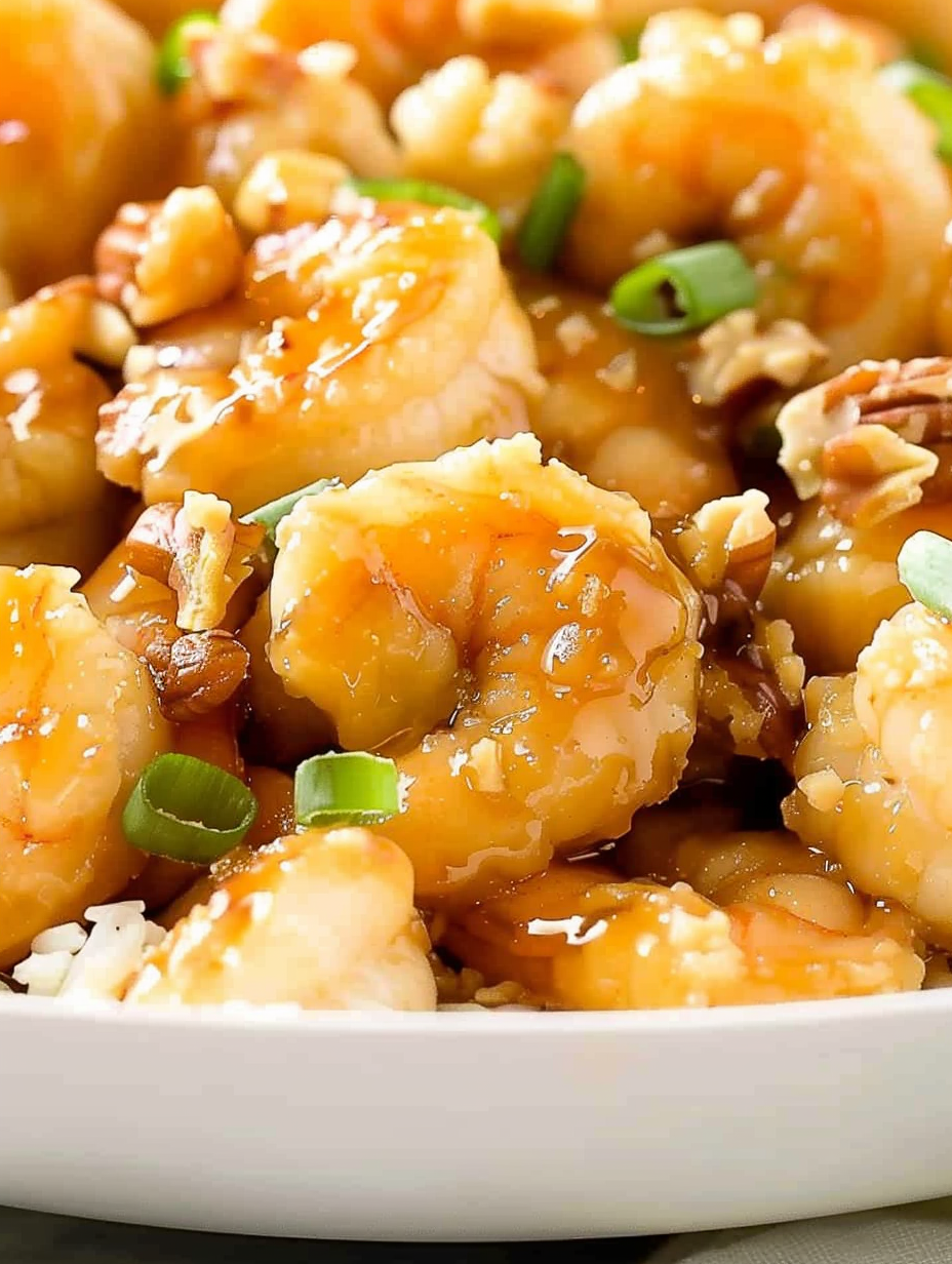 Close-up of glazed shrimp and candied walnuts
