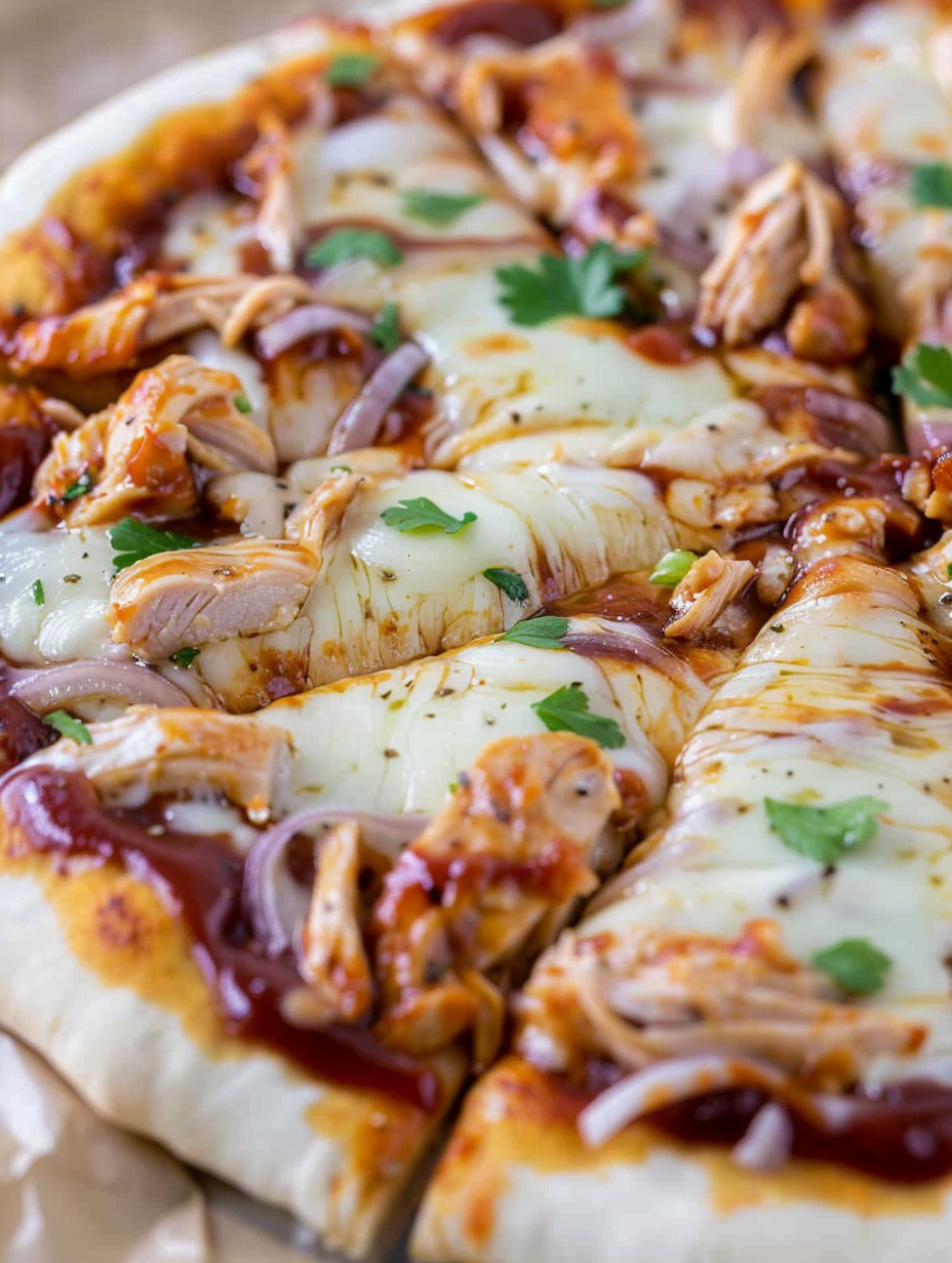 sliced bbq chicken pizza on a board