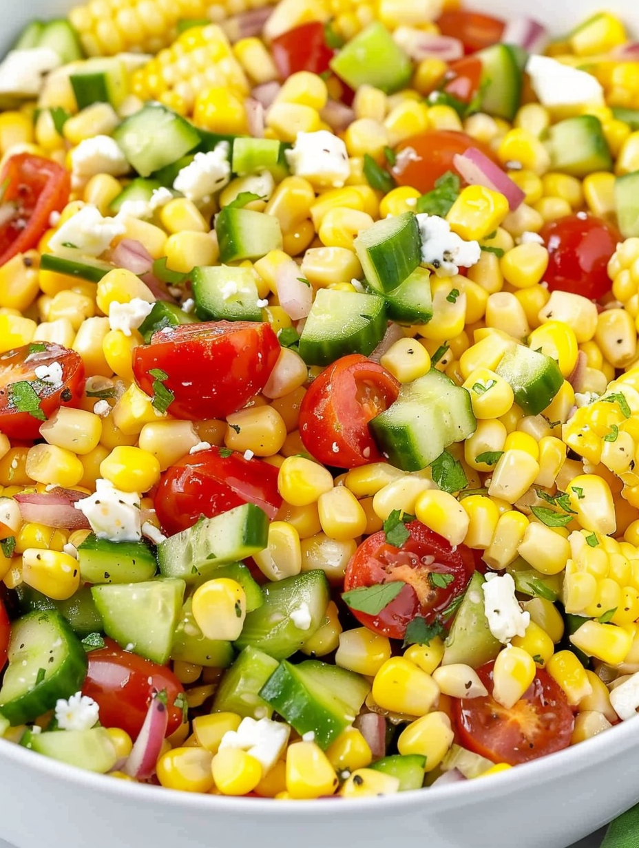 Corn kernels with cucumber and tomatoes in a bowl