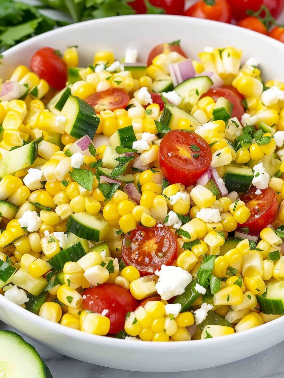 Finished corn salad in serving bowl with herbs