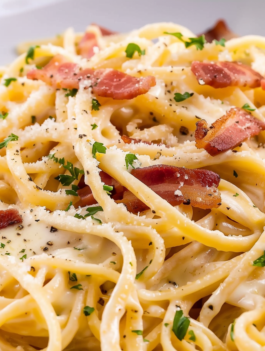 Plated creamy carbonara in a bowl with parsley