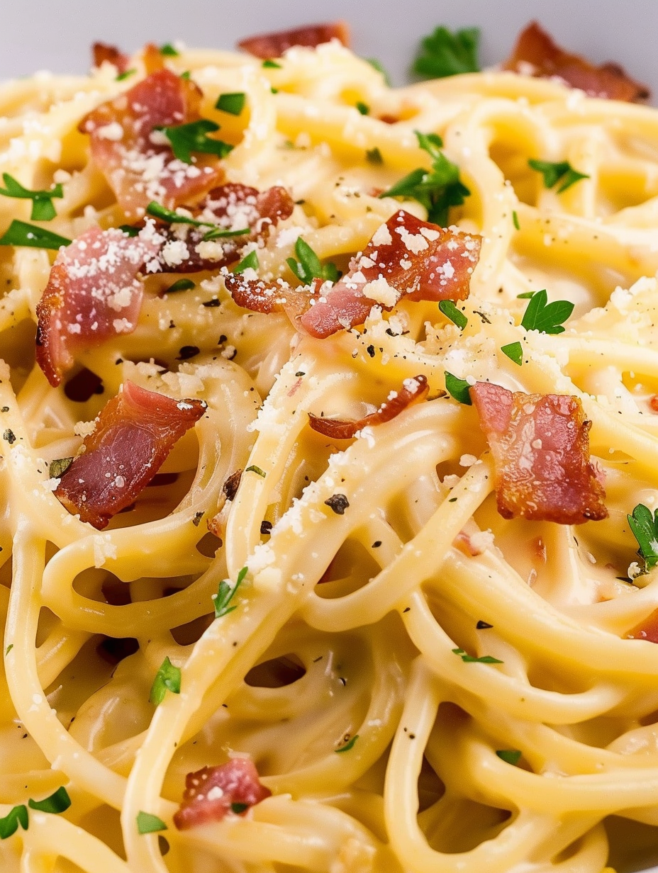 Close up of linguine tossed in creamy carbonara sauce