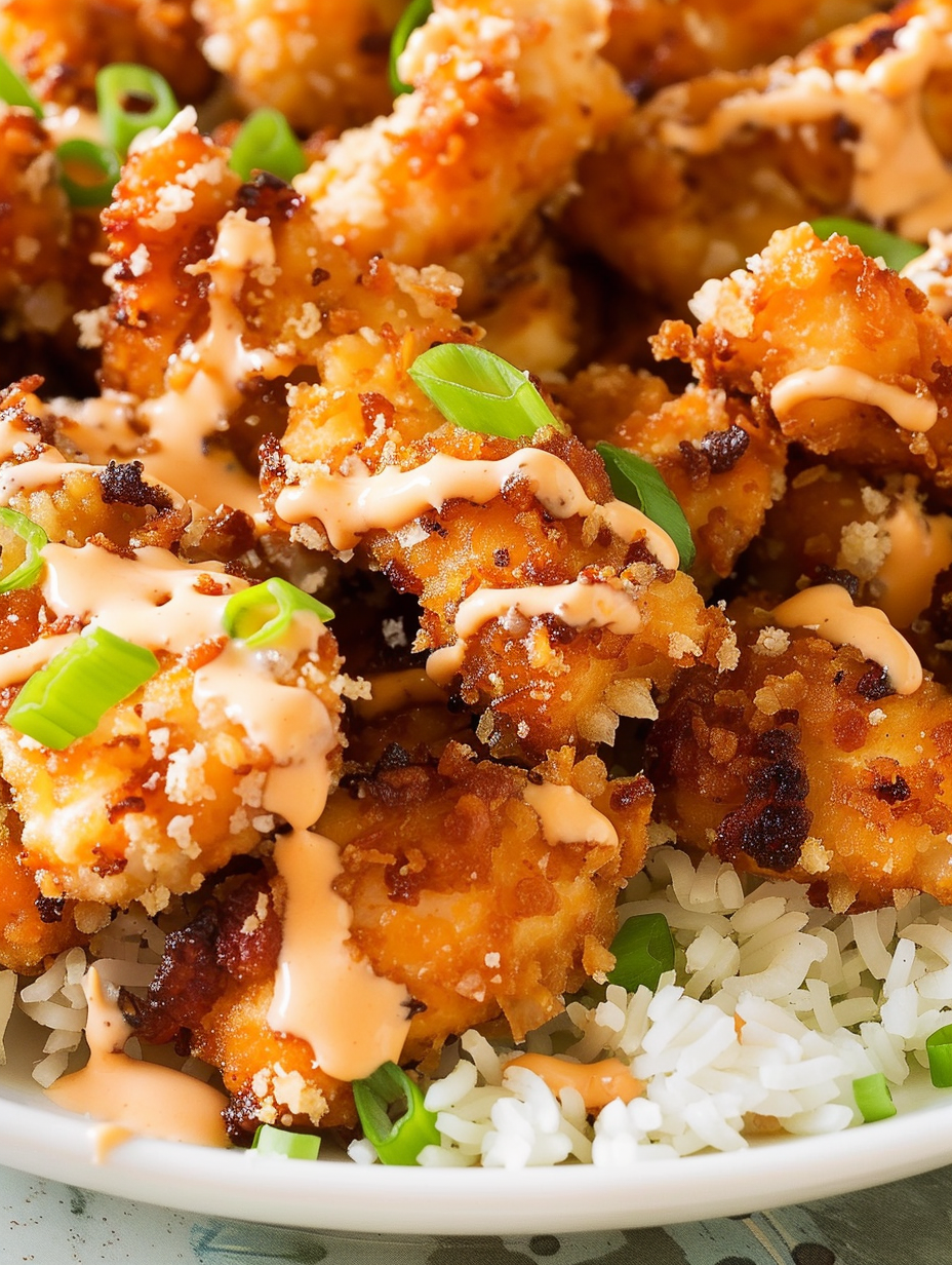 Crispy Bang Bang Chicken pieces in skillet