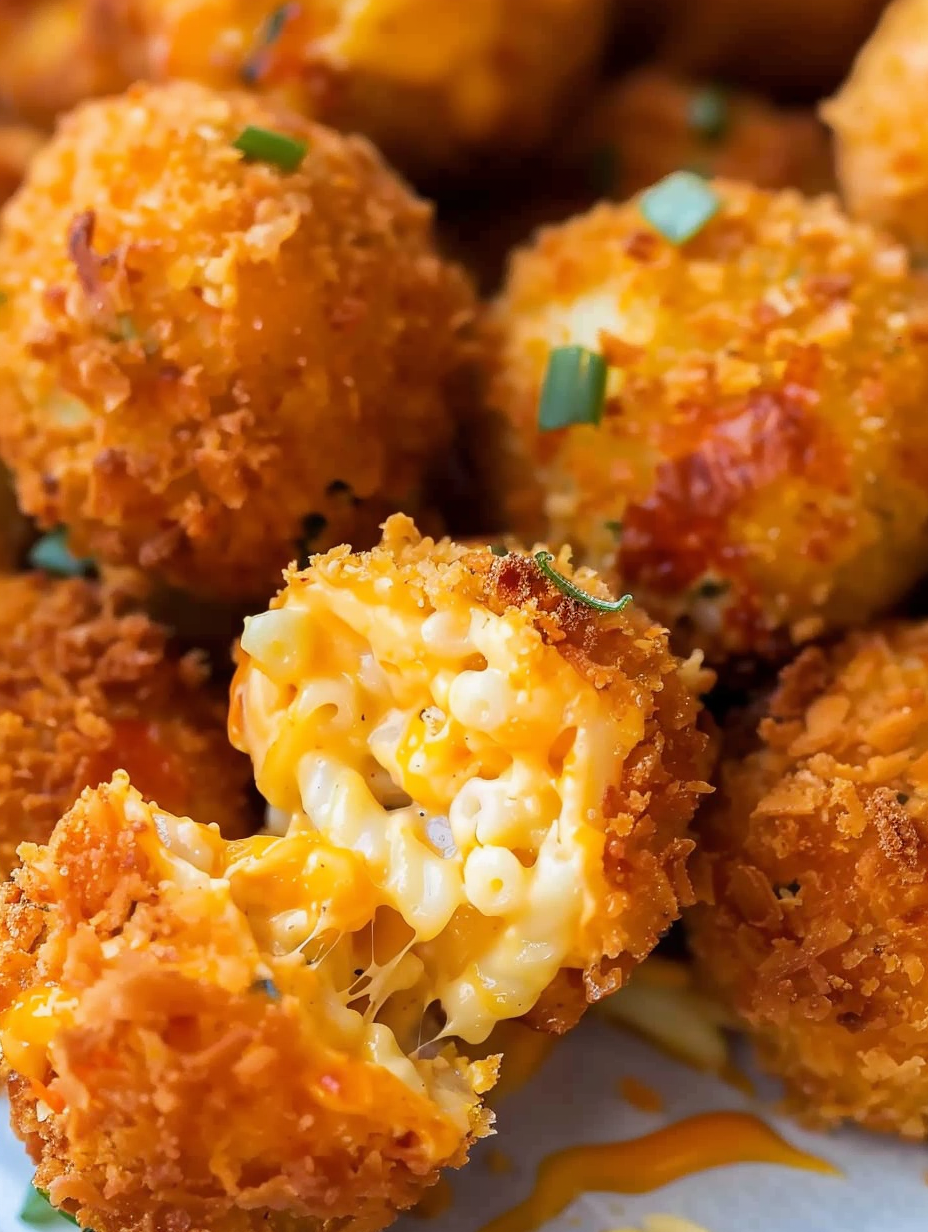 Golden fried mac and cheese balls on a wire rack