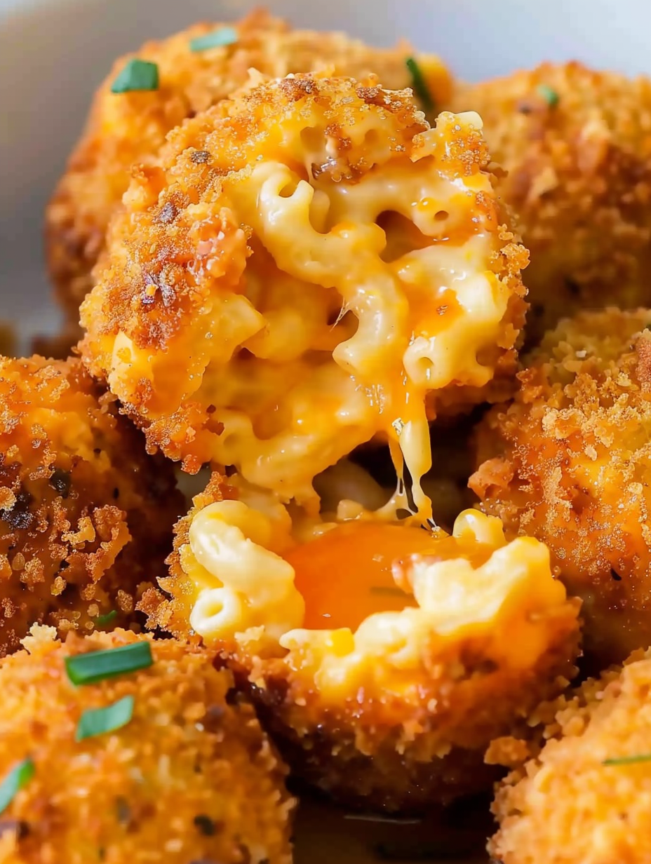 Mac and cheese balls being dipped into marinara sauce