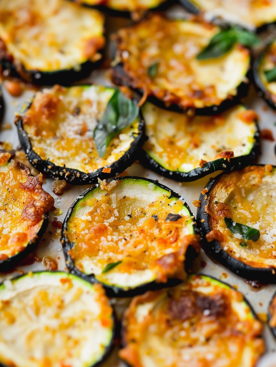 Baked zucchini chips on parchment-lined baking sheet