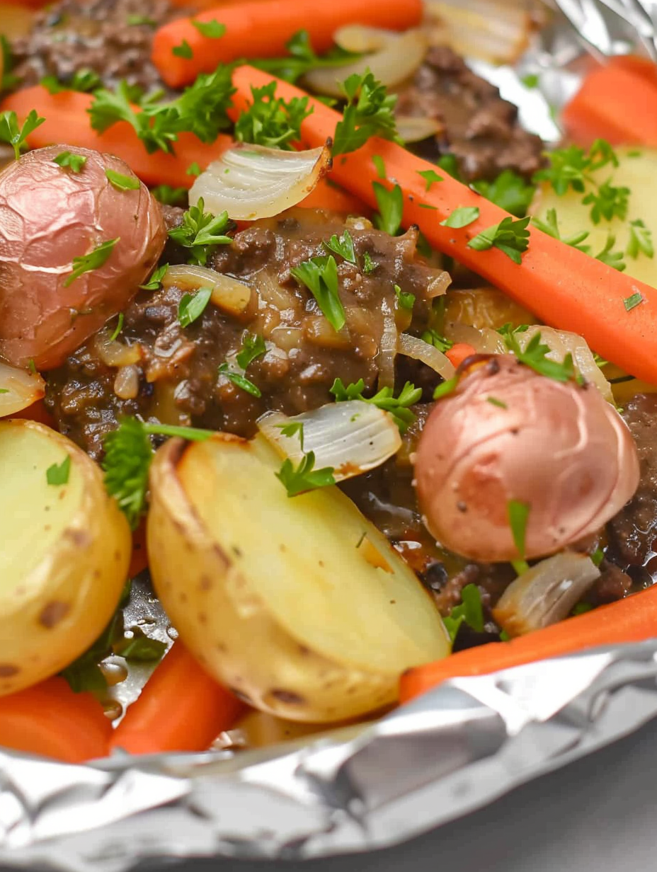 Beef and Vegetable Hobo Dinner packet on a baking tray, foil sealed