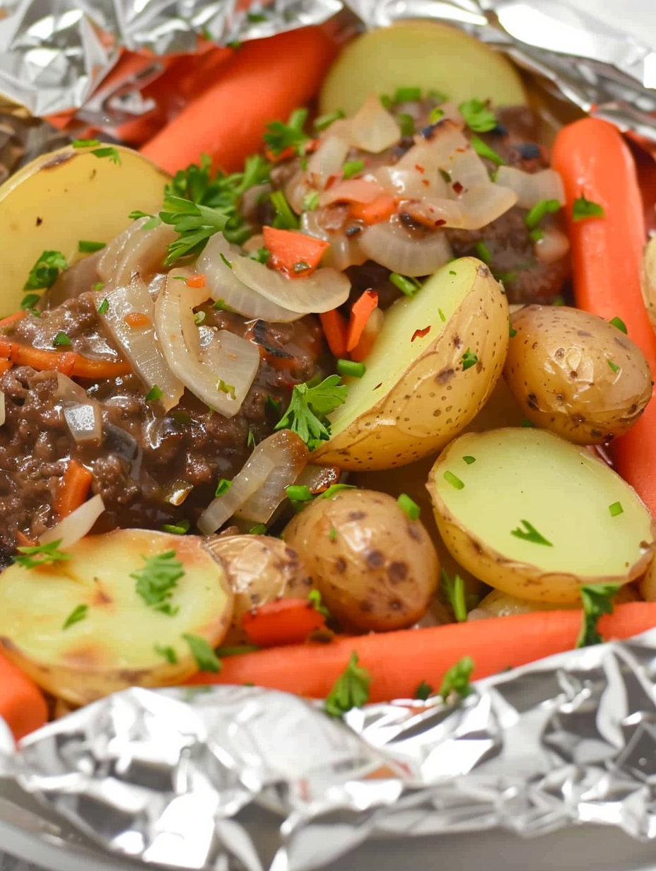 Opened hobo dinner packet showing seasoned beef and roasted vegetables