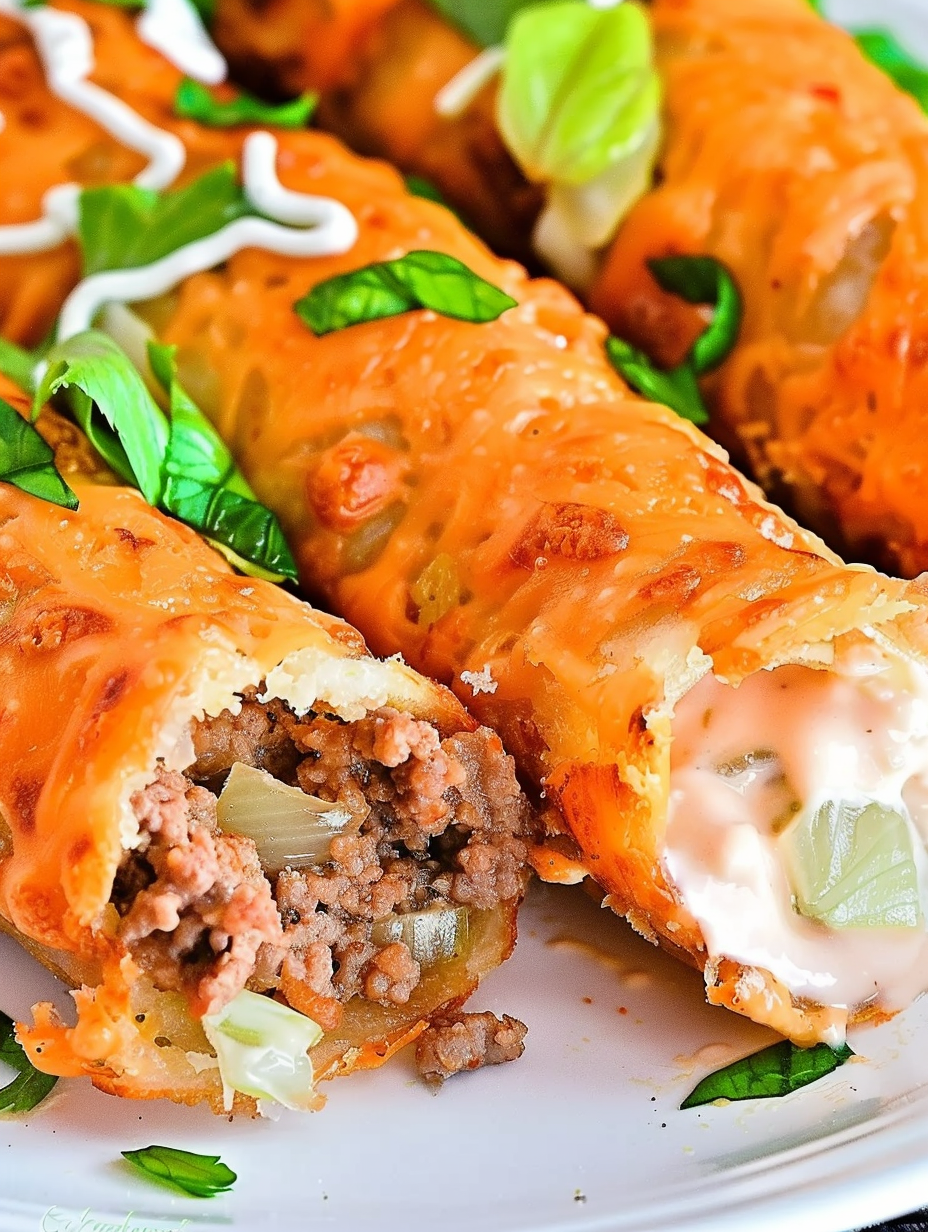Close-up of filling inside a cheddar roll-up