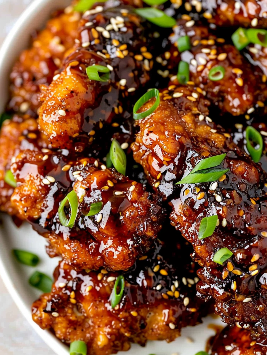 Glistening gochujang-glazed chicken strips on a serving plate