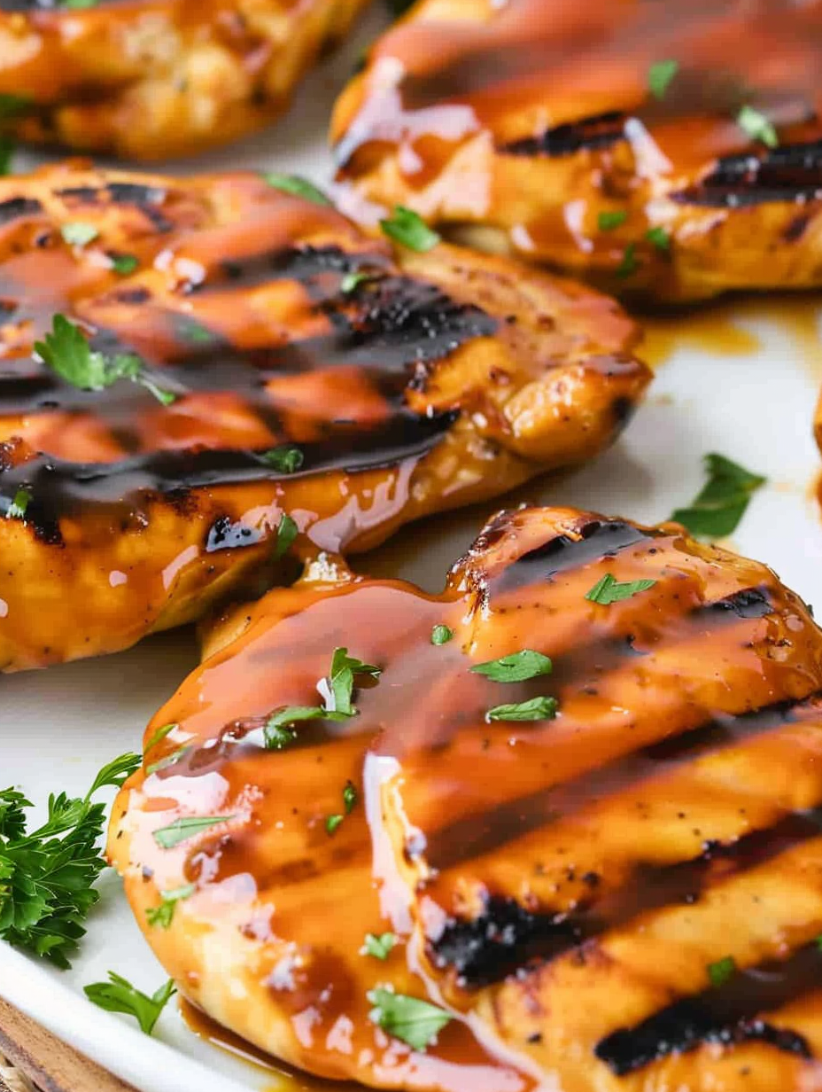 Grilled chicken on the barbecue brushed with glossy honey barbecue sauce