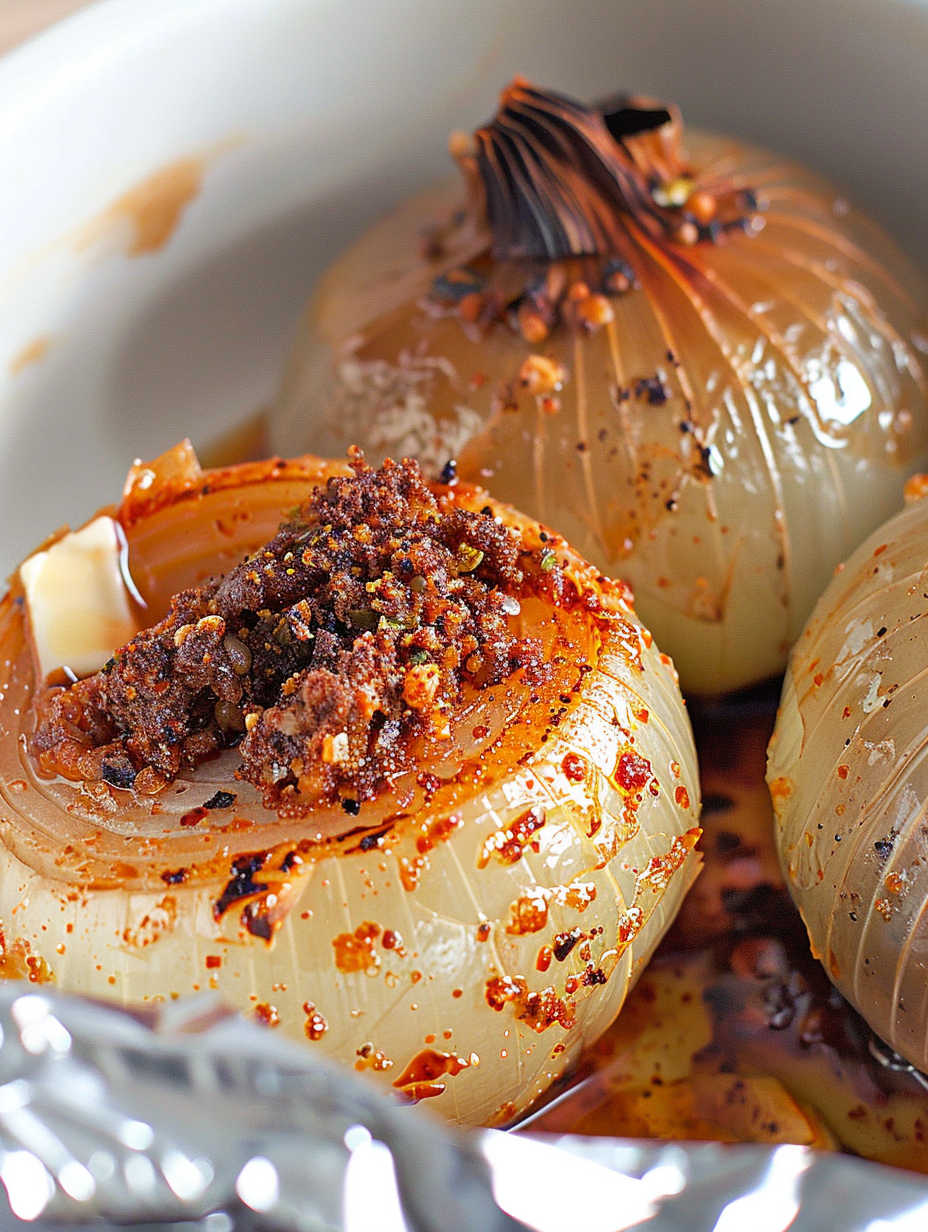 Two baked sweet onions wrapped in foil, cut in half to reveal seasoned buttery centers