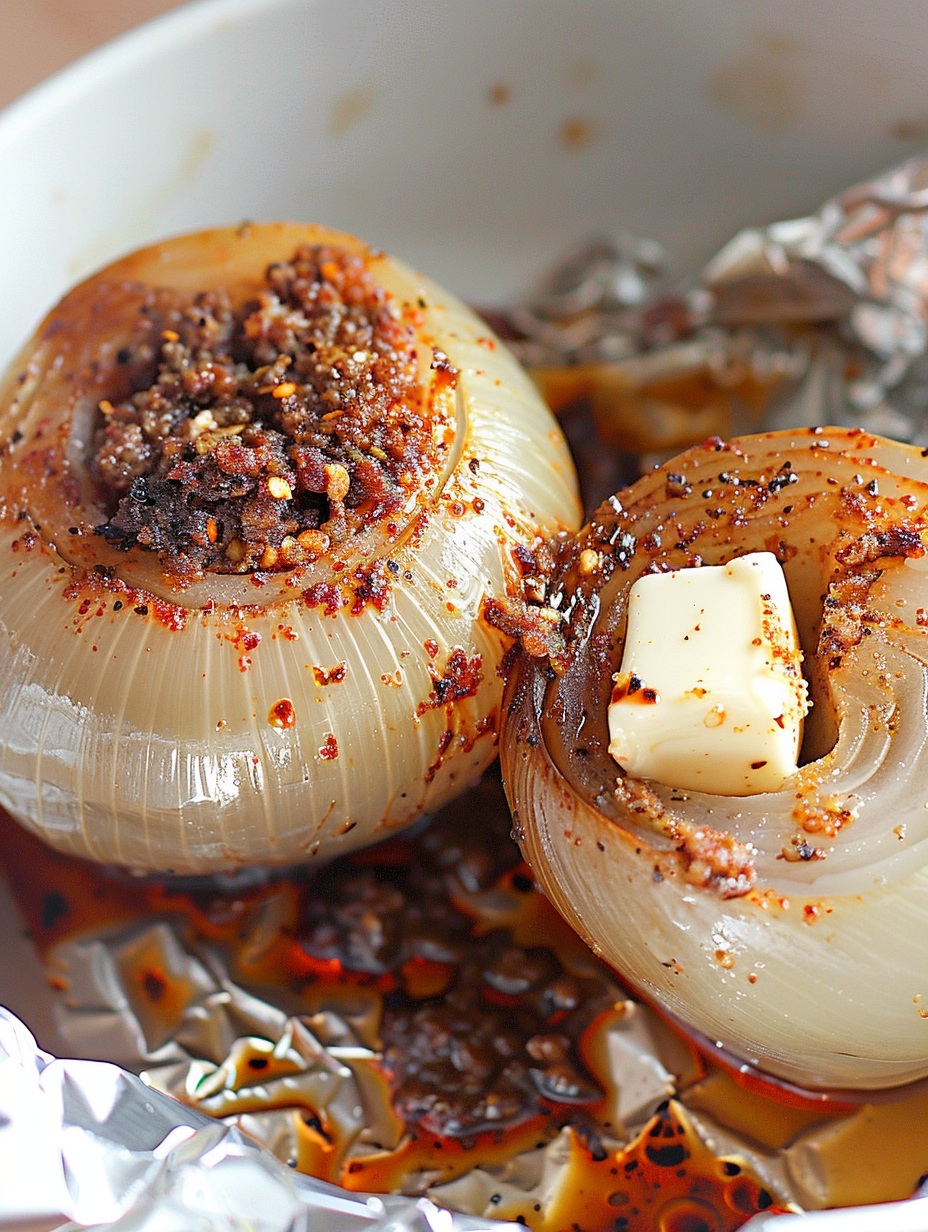 Close-up of a baked onion with browned top and buttery spiced filling