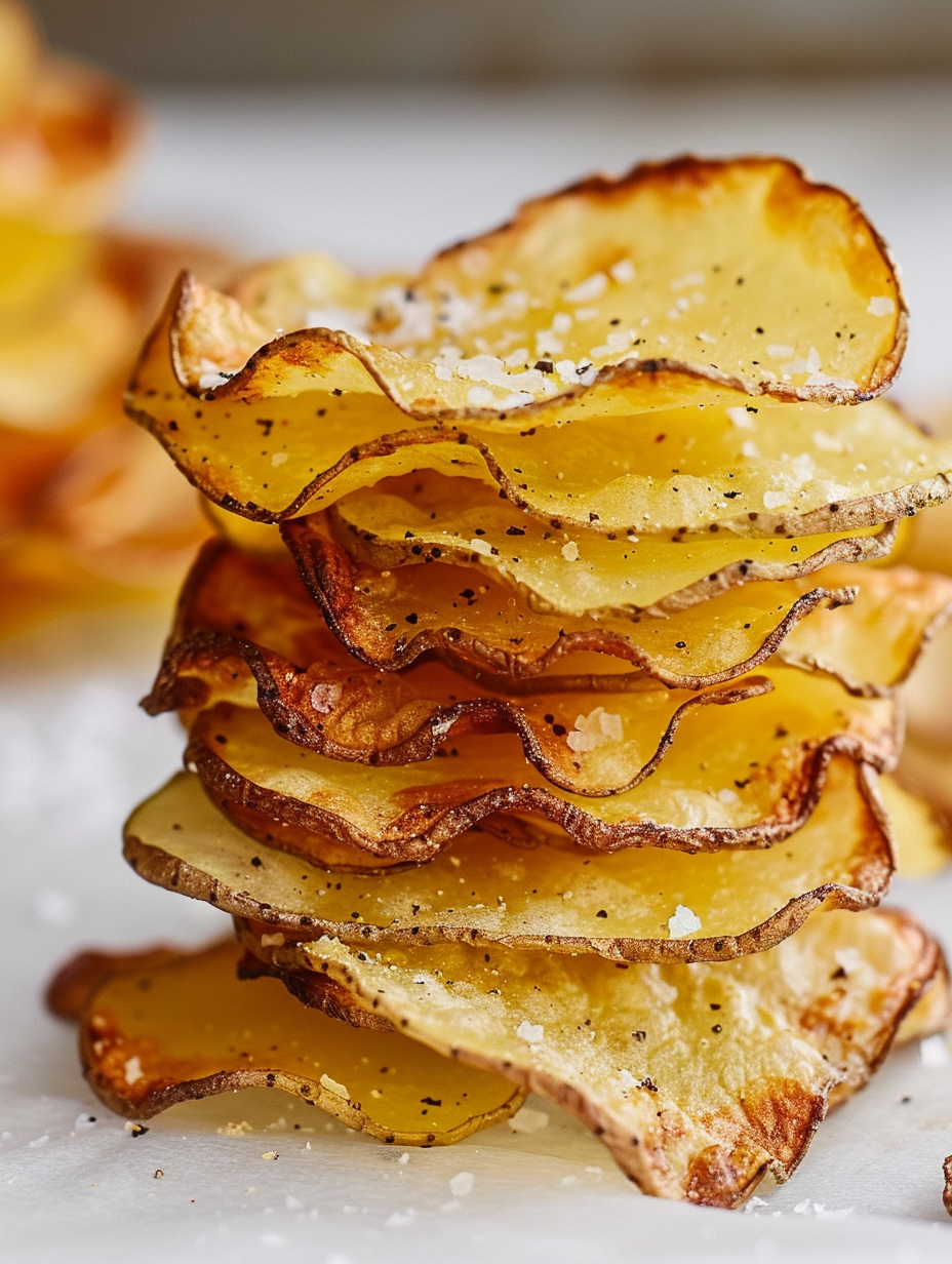 Head on view of homemade baked potato chips stacked on top of each other