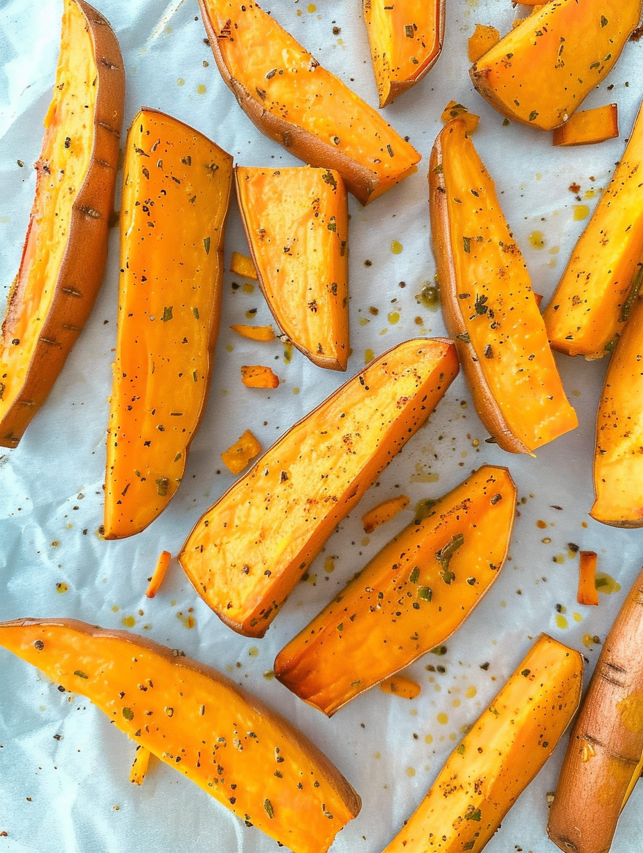 Sweet potato wedges on a baking sheet