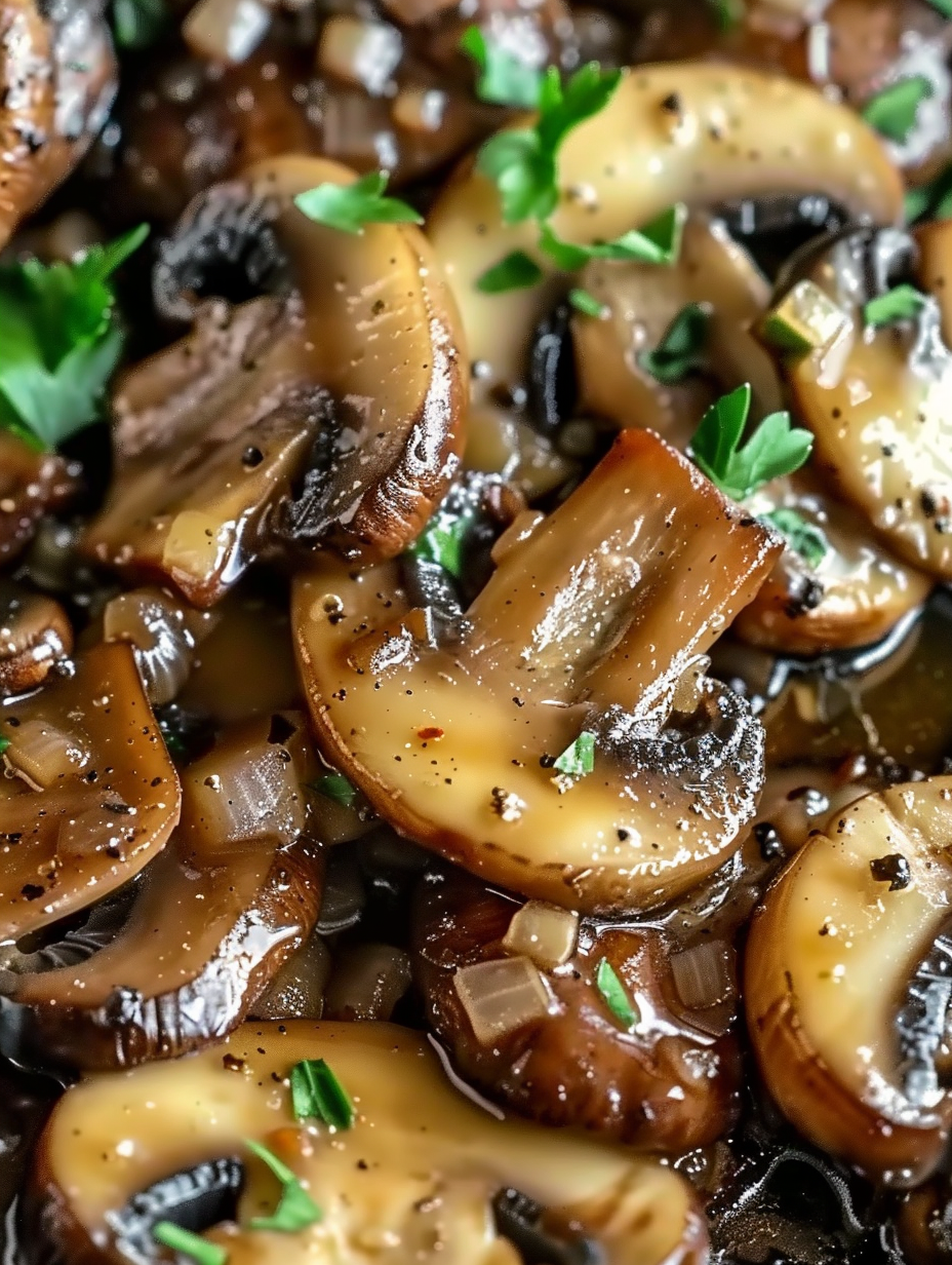 Sautéed mushrooms in skillet with herbs
