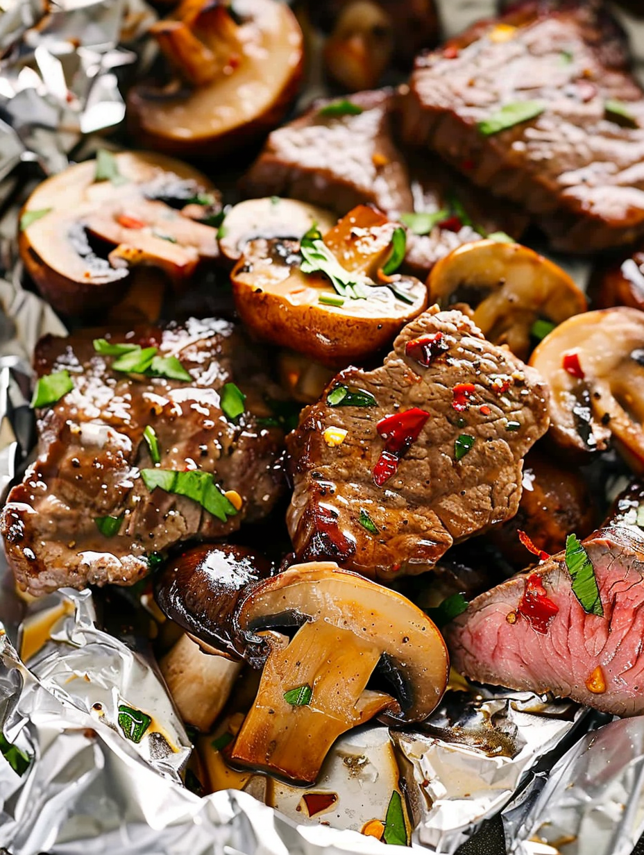 Steak and mushrooms foil packs opened on a grill