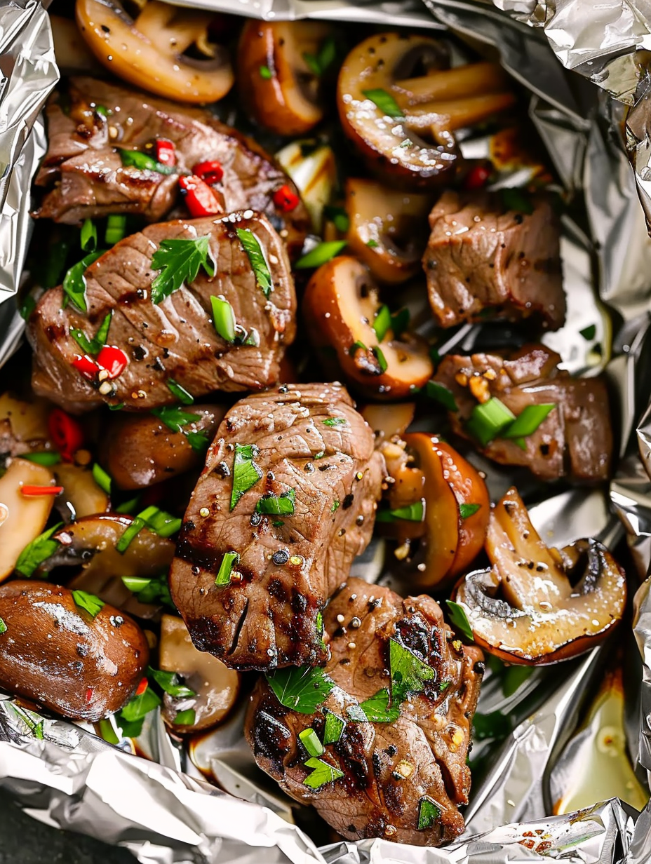 Foil packs with steak and mushrooms ready to grill