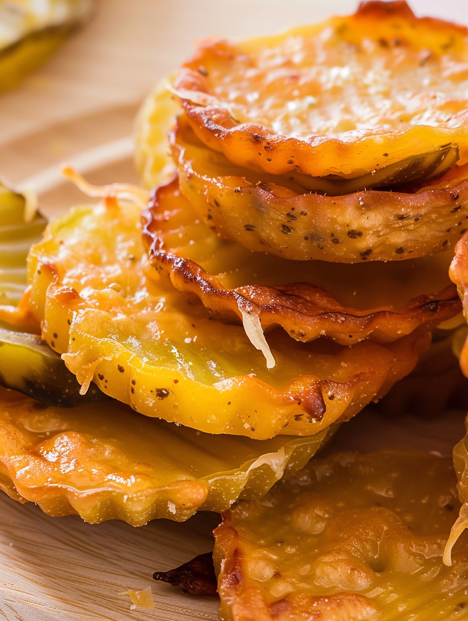 Close-up of crispy cheese edges around pickle chips