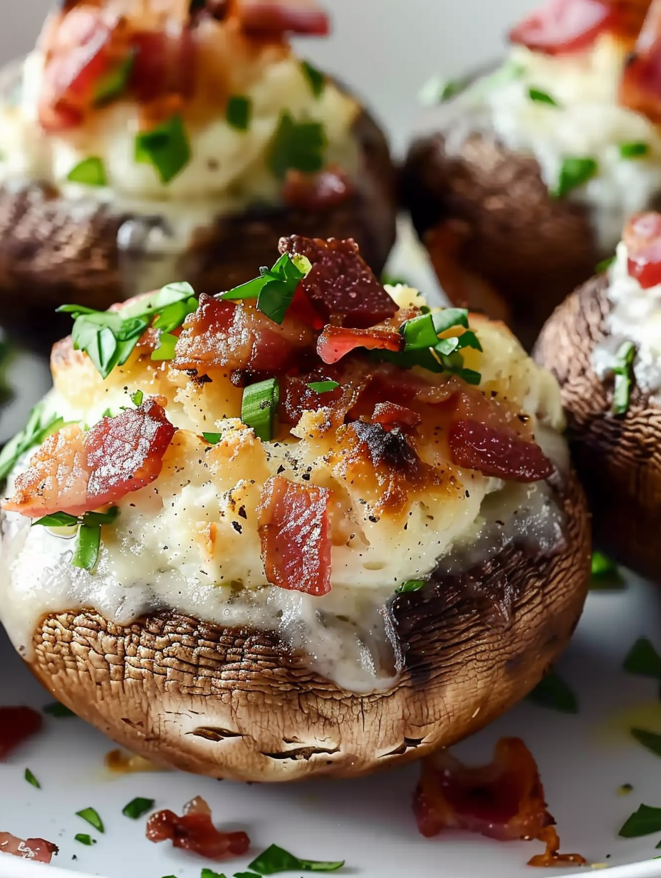 Close-up of bacon stuffed mushrooms on a baking dish