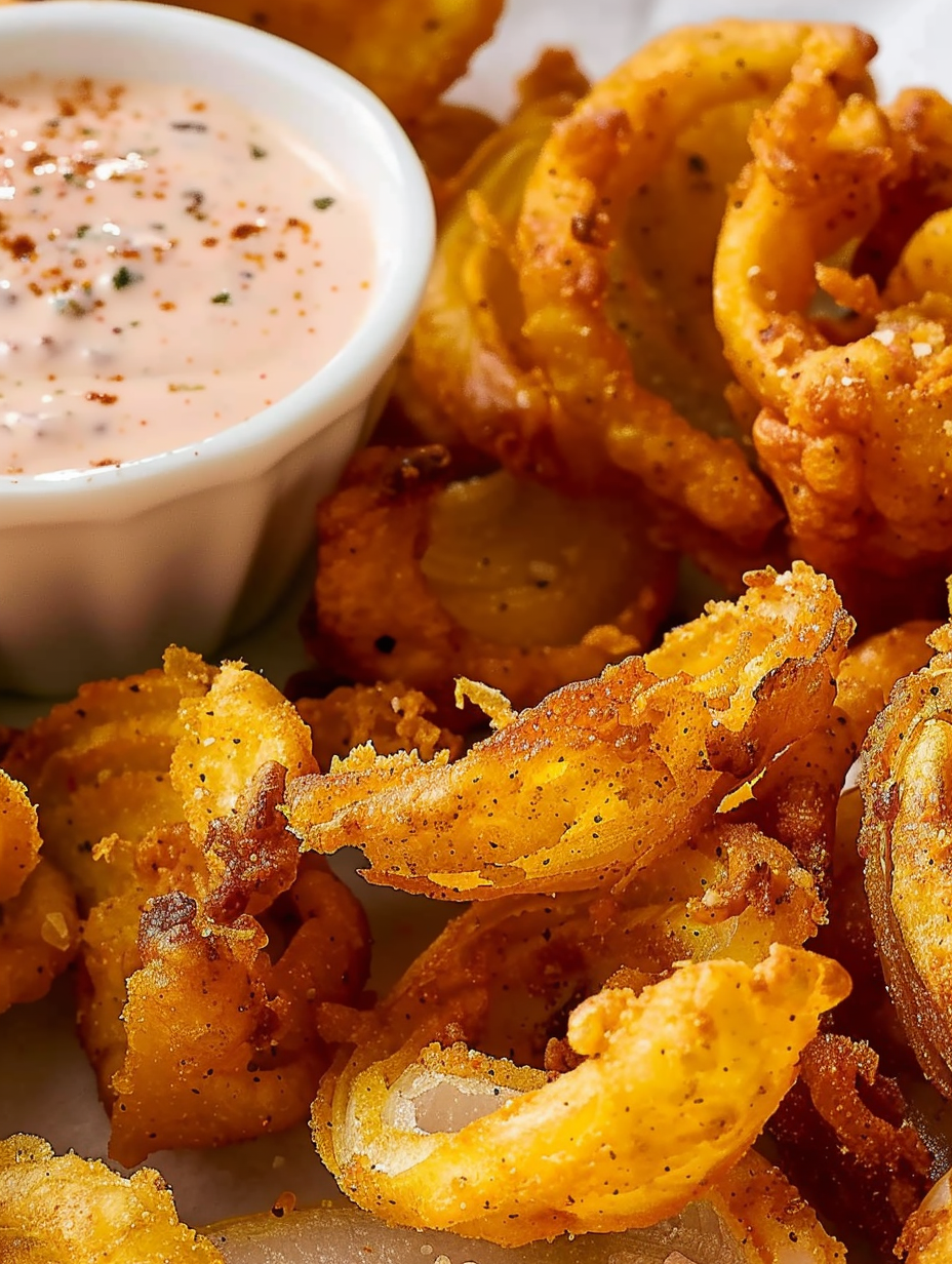 Served onion petals with bowl of bloom sauce