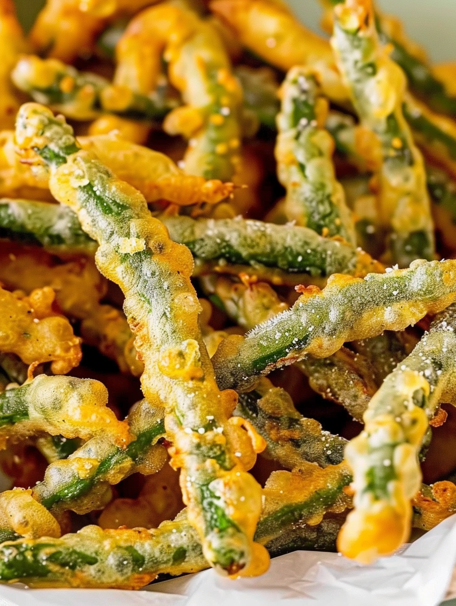 Close-up of crispy fried green beans on a rack