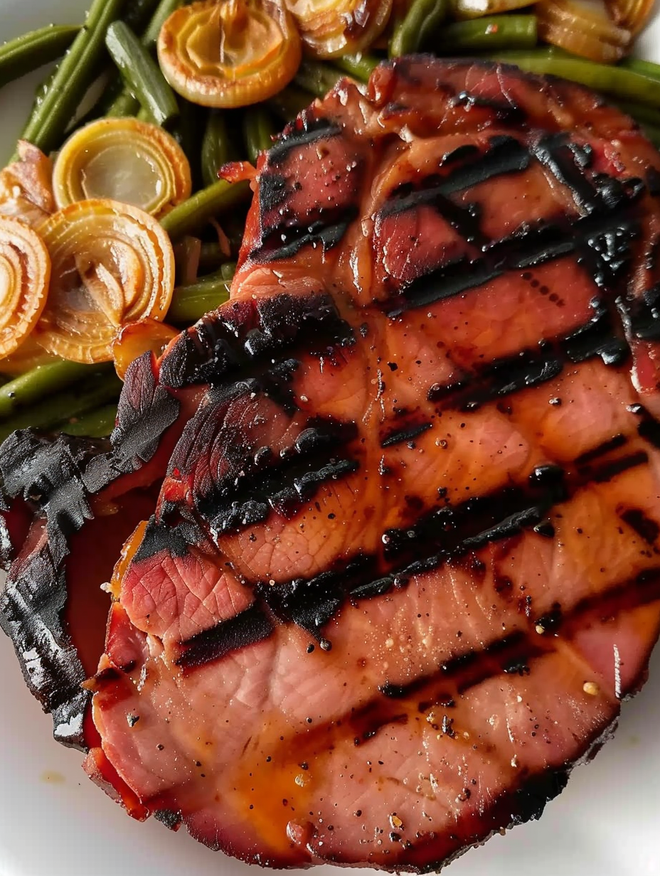 Close-up of glazed ham steak on grill