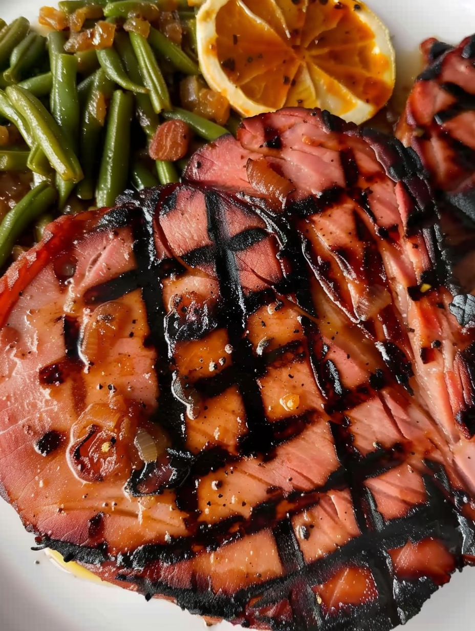 Glazed ham steak on a cutting board