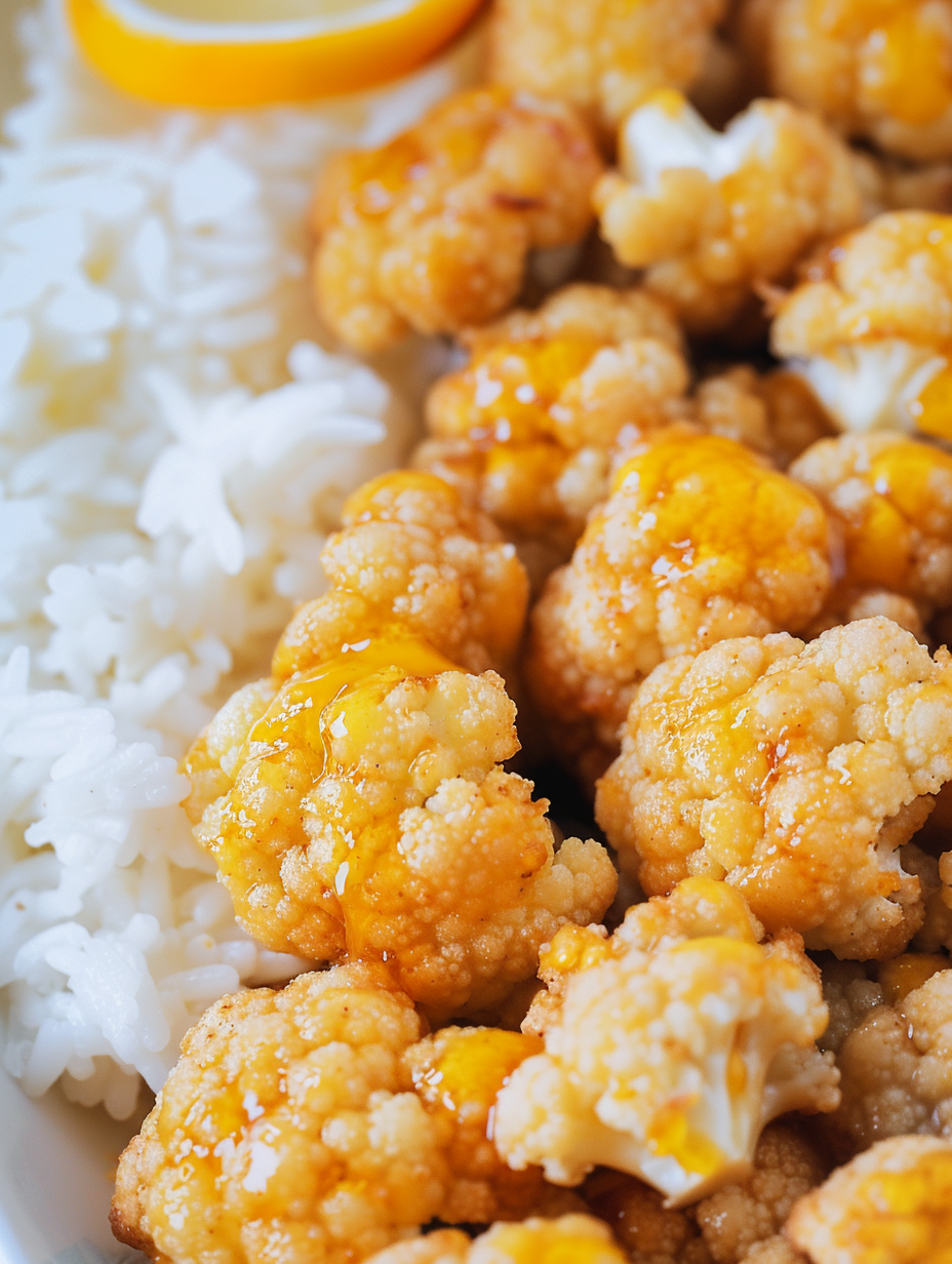 Bowl of sticky lemon cauliflower over rice
