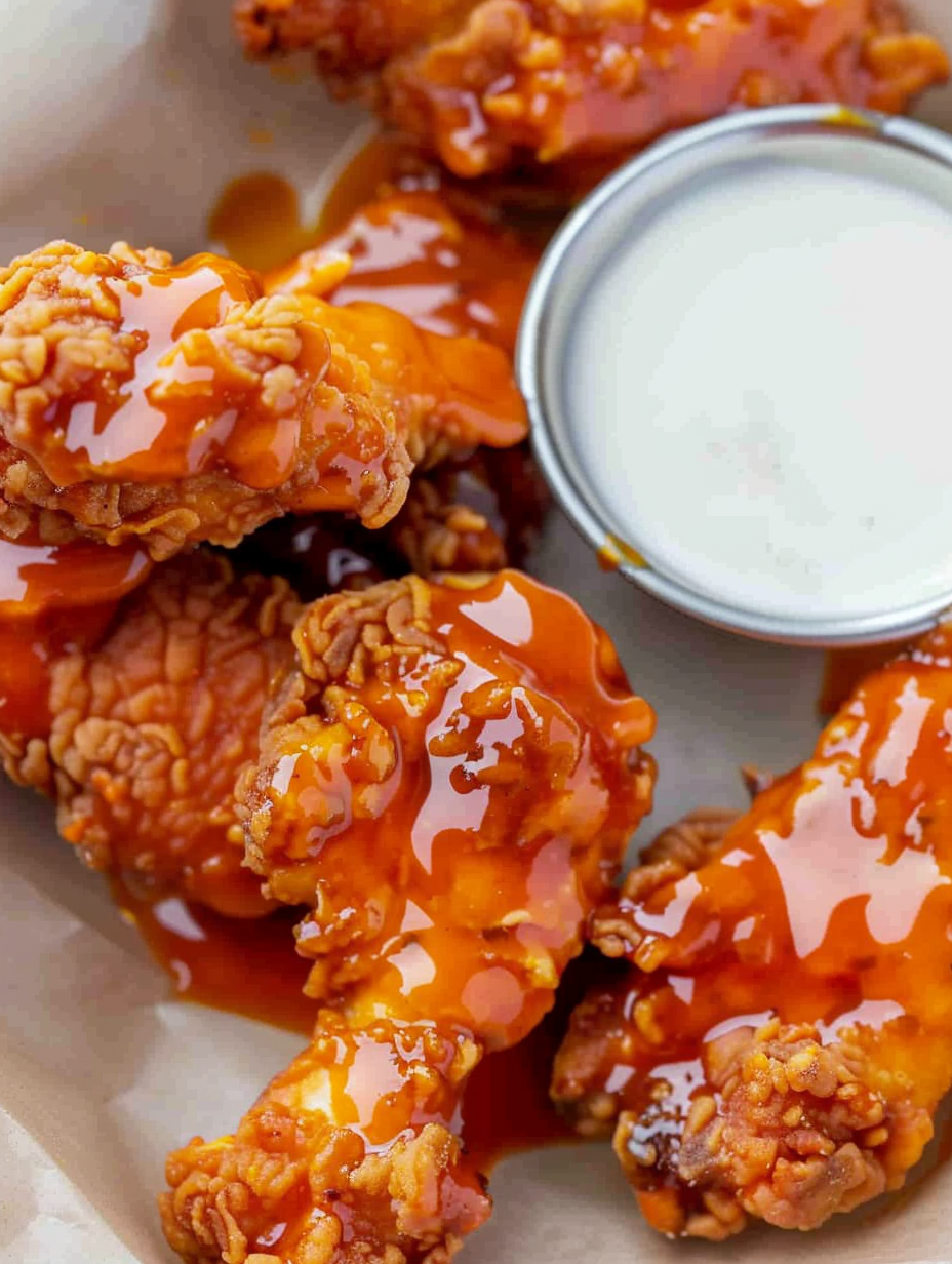 Golden buffalo chicken tenders on a cooling rack