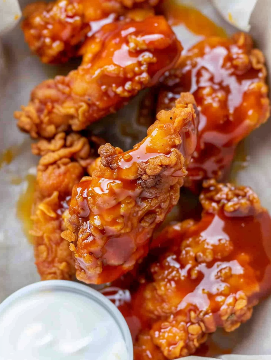 Tenders tossed in glossy buffalo sauce ready to serve