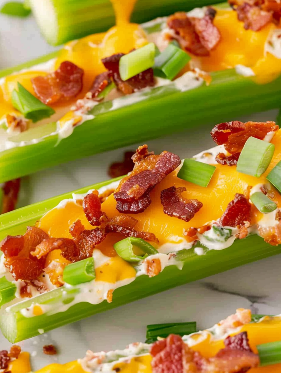 Close-up of cheddar bacon celery sticks on platter
