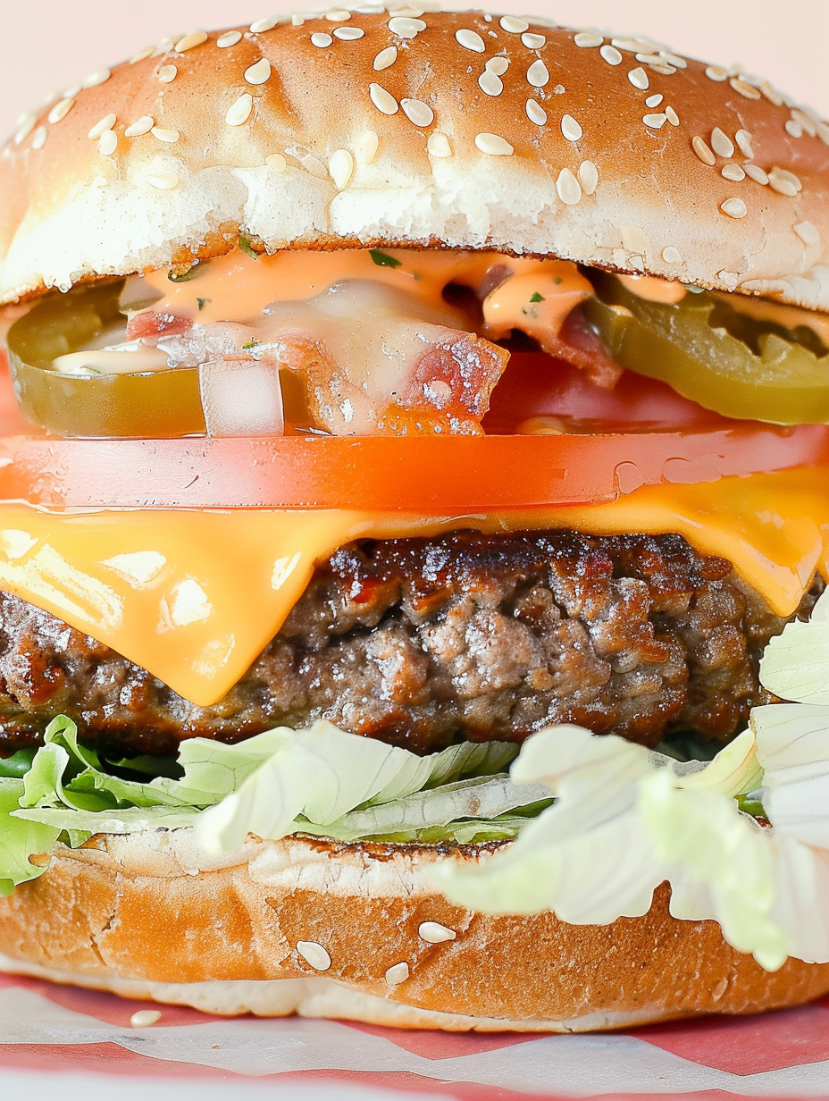 Jalapeño and cheddar stuffed bacon cheeseburger on toasted bun with bacon