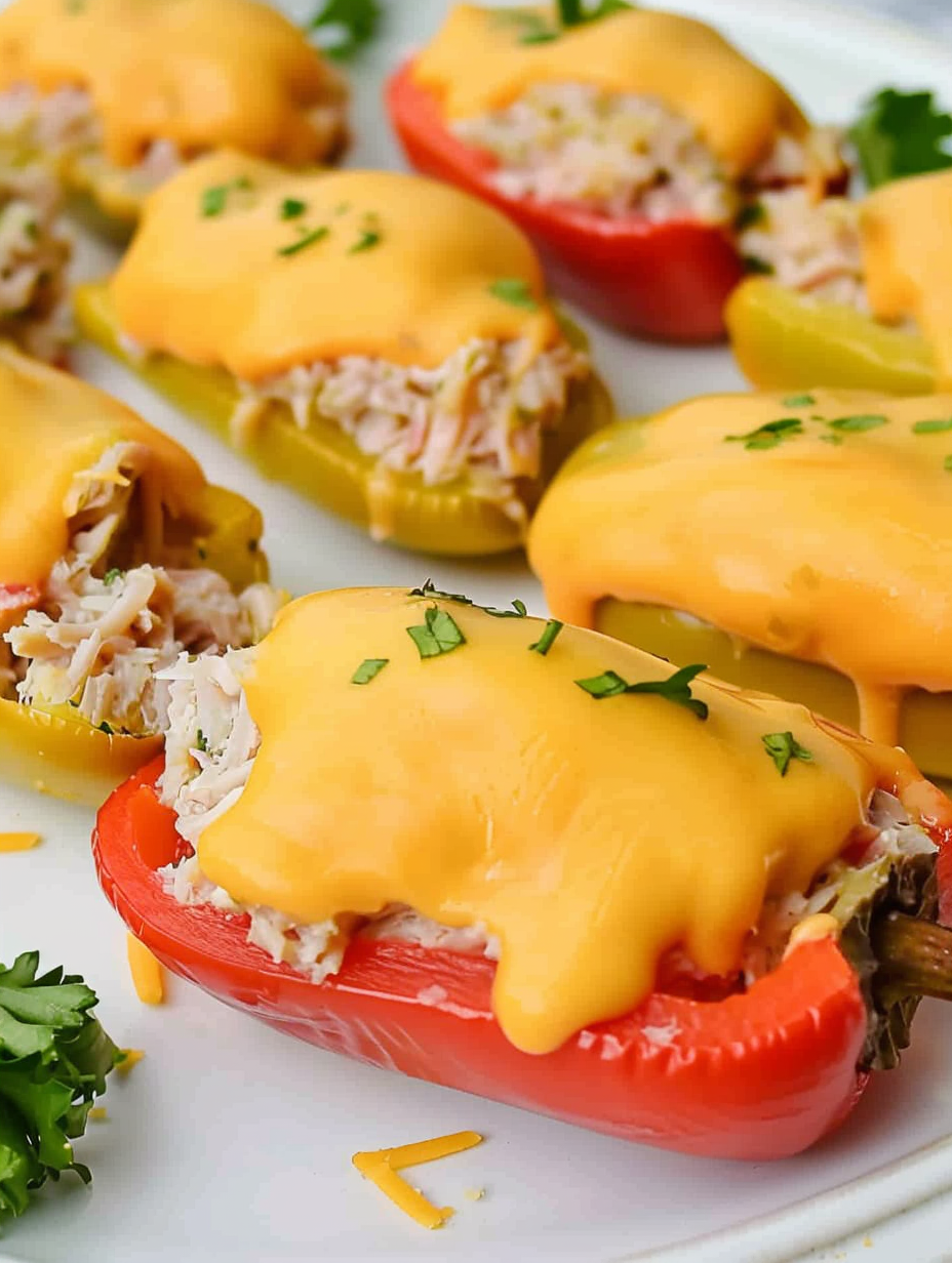 Roasted bell peppers filled with tuna and melted cheddar