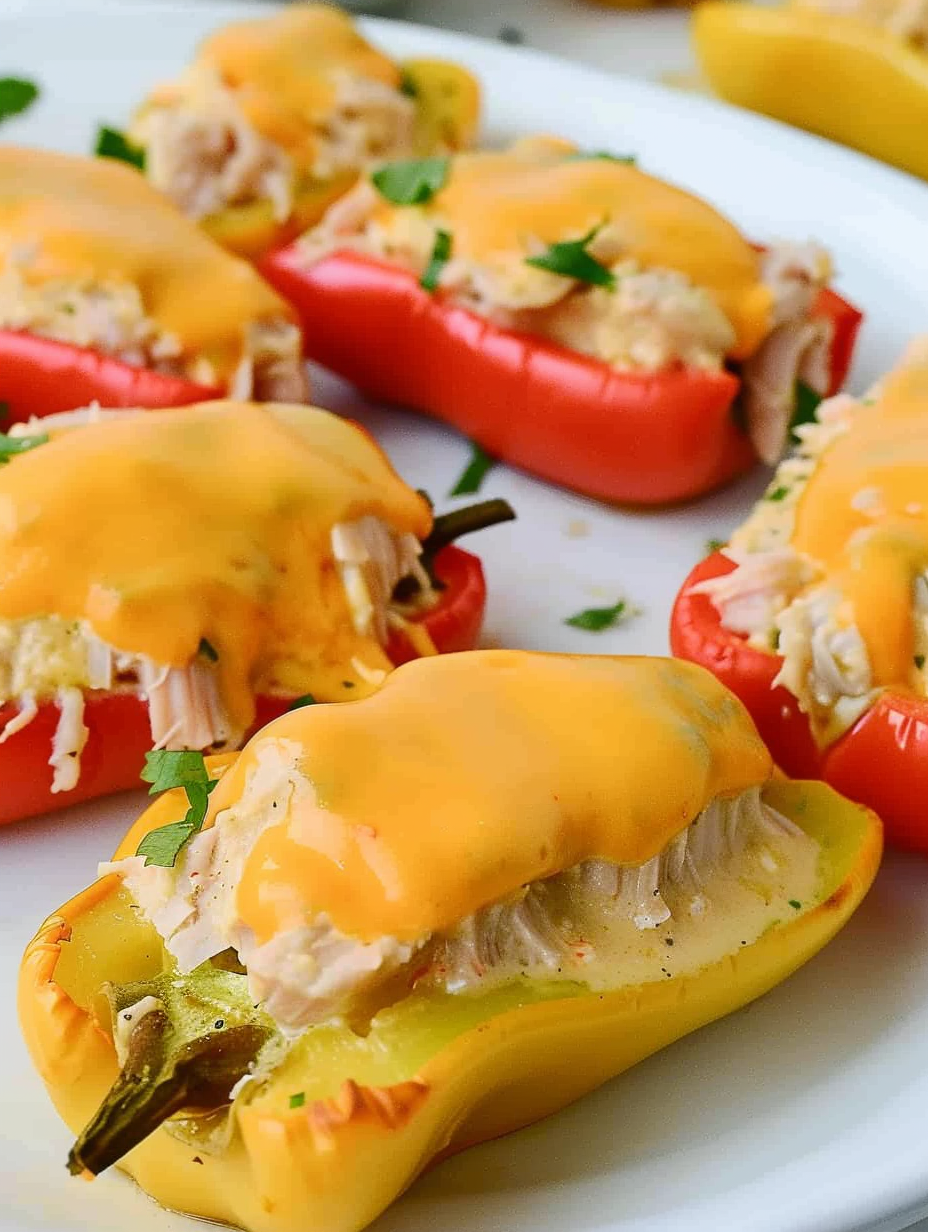 Close up of tuna filled mini pepper with melted cheese