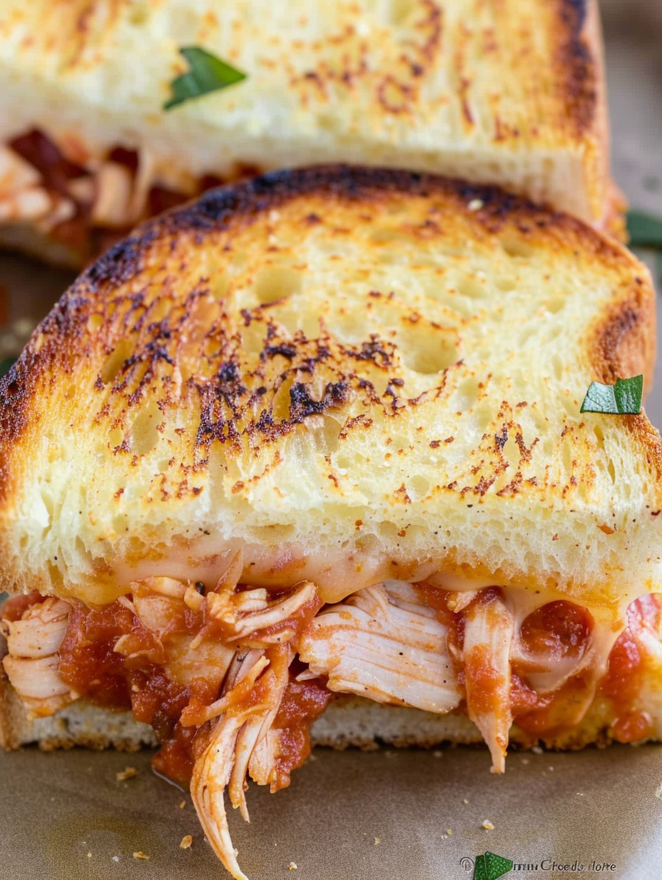 Shredded Chicken Parmesan on cheesy Texas toast