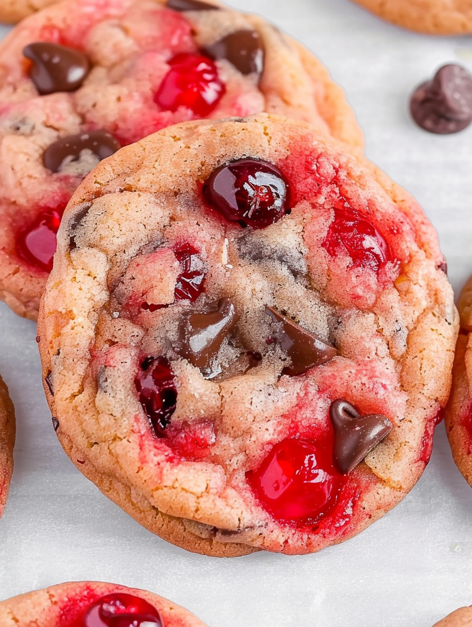Cherry chocolate chip cookies on parchment