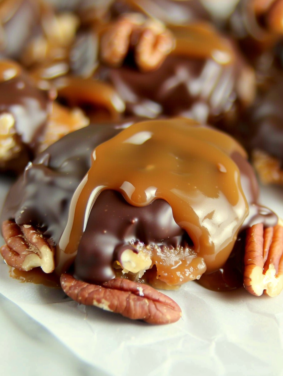 Chocolate being drizzled over caramel pecan clusters
