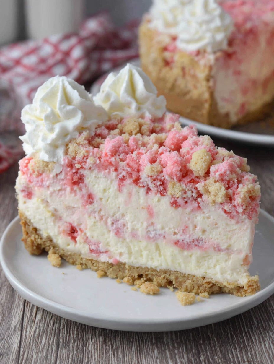 Strawberry Crunch Cheesecake slice with cookie crumbs