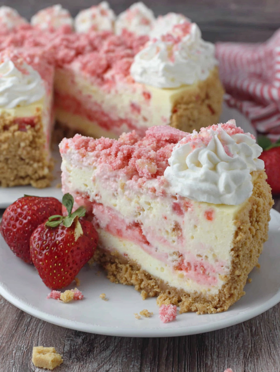 Top view of cheesecake decorated with crushed wafers and piped whipped topping
